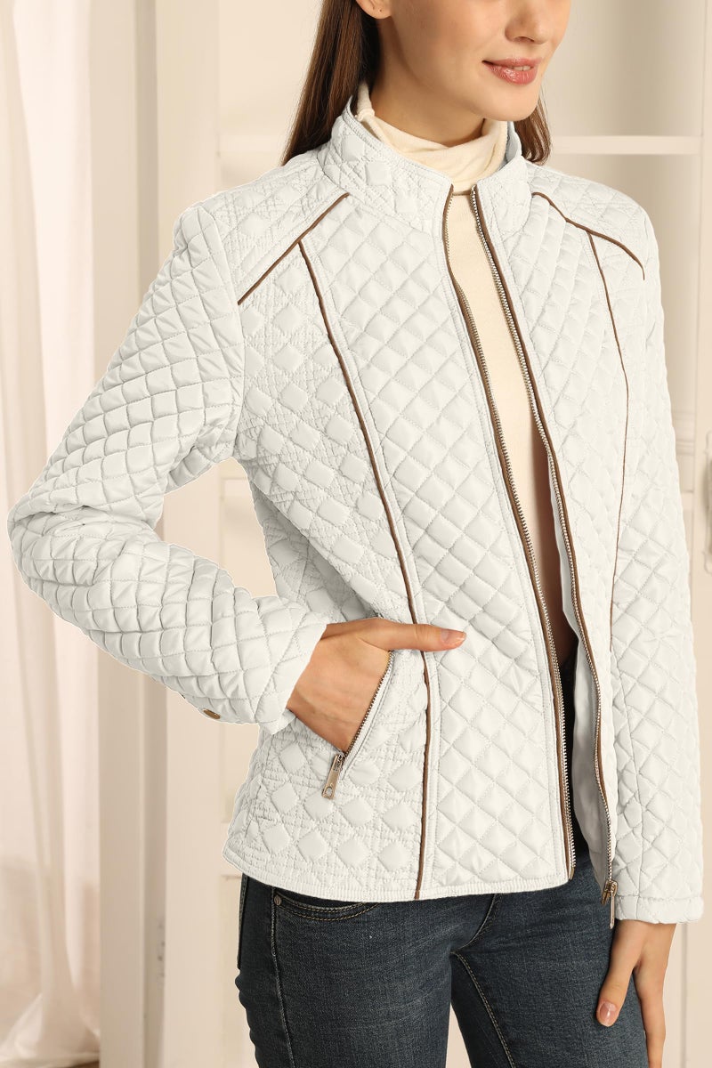 Bellivera Women's Stand Collar Lightweight Quilted Puffer Jacket Padded Zip Coat for Spring and Winter 087 White S - Image 2